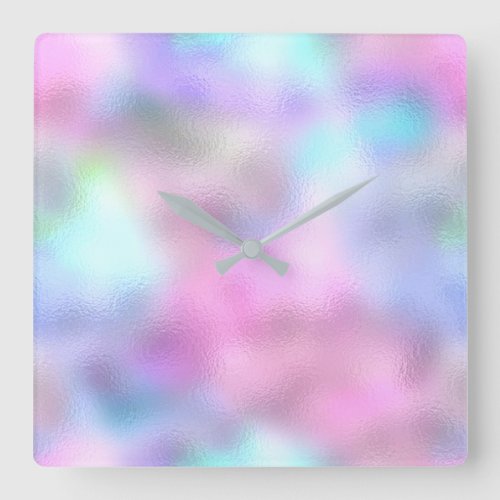 Pink Rose Pastel Glass Glitter Blue Ombre Square Wall Clock