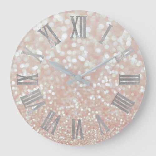 Pink Rose Pastel Gray Silver Metallic Roman Number Large Clock