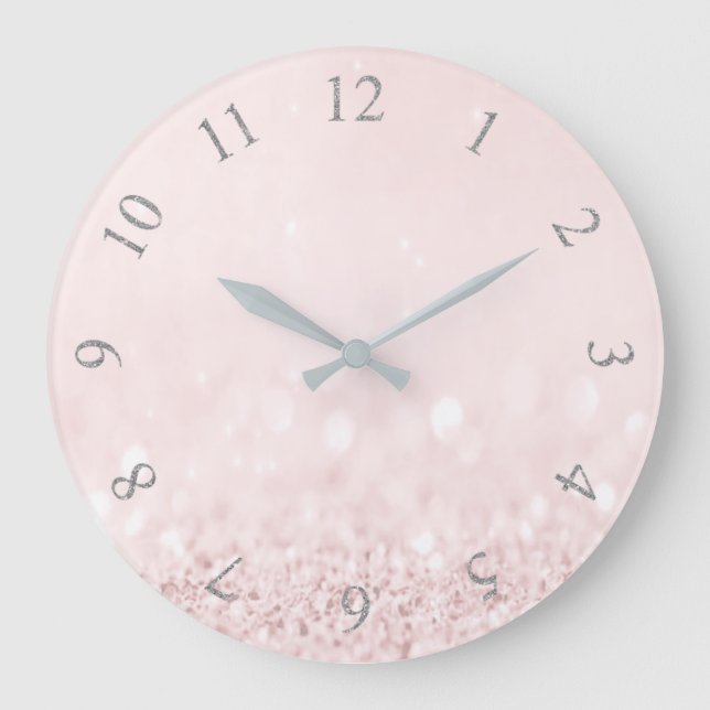 Pink Rose Pastel Powder Glitter Arabic Numbers Large Clock (Front)