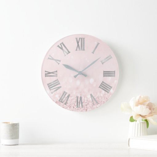 Pink Rose Pastel Powder Glitter Roman Numbers Large Clock | Zazzle