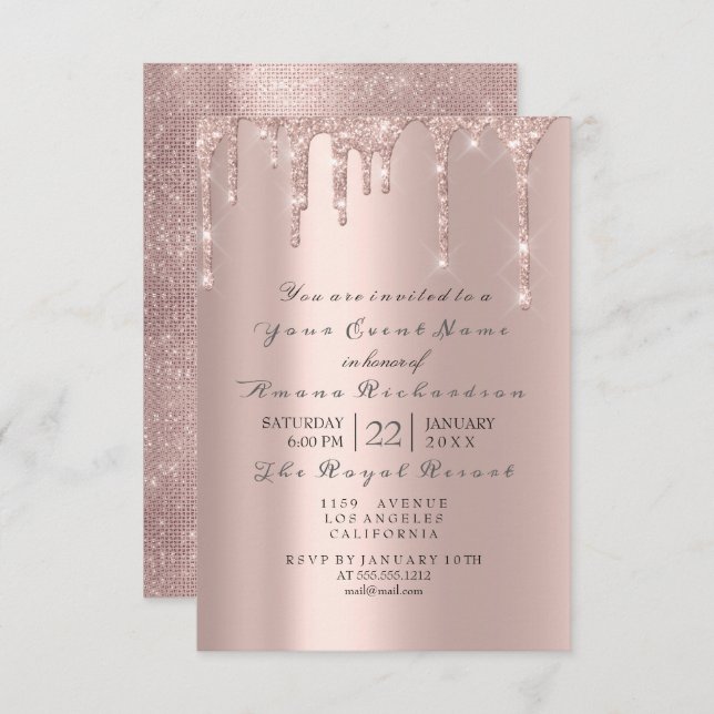 Pink Rose Pastel Powder Sparkly Glitter Drips Gray Invitation (Front/Back)