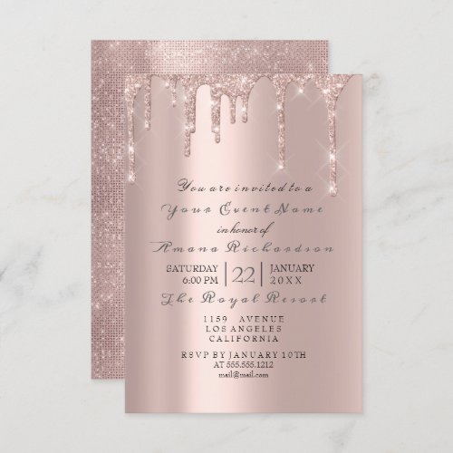 Pink Rose Pastel Powder Sparkly Glitter Drips Gray Invitation