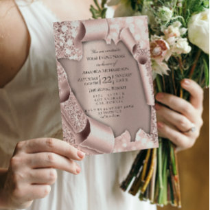Pink Rose Pastel Powder Sparkly Glitter Drips Rose Invitation