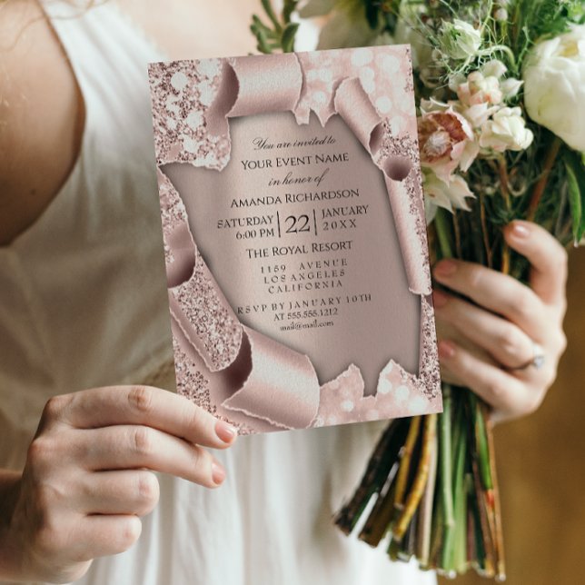 Pink Rose Pastel Powder Sparkly Glitter Drips Rose Invitation (Creator Uploaded)