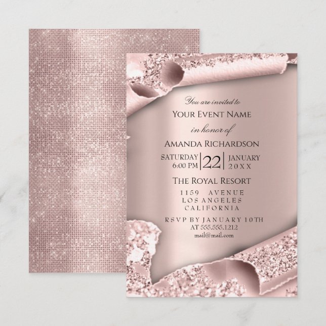 Pink Rose Pastel Powder Sparkly Glitter Rose PINK Invitation (Front/Back)