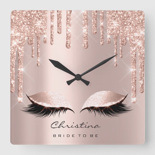 Pink Rose Pastel Sparkly Diamond Bride Princess Square Wall Clock (Front)