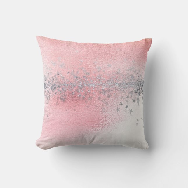Pink Rose Pastel White Ombre Silver Stars Glitter Throw Pillow (Front)