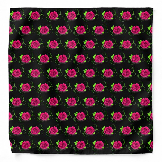 Pink rose pattern on black bandana (Front)