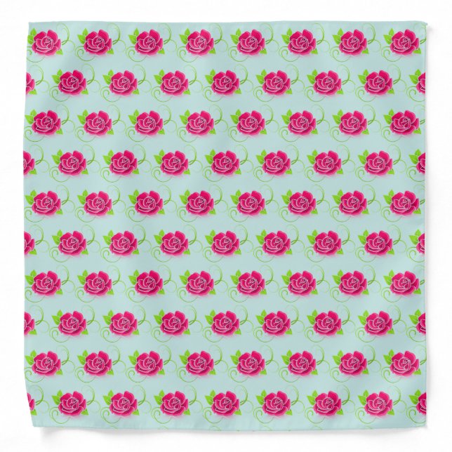 Pink rose pattern on light blue bandana (Front)