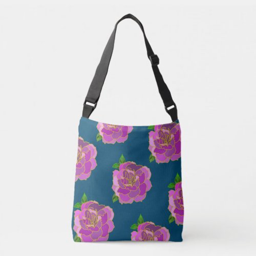 Pink Rose Pattern on teal background Crossbody Bag