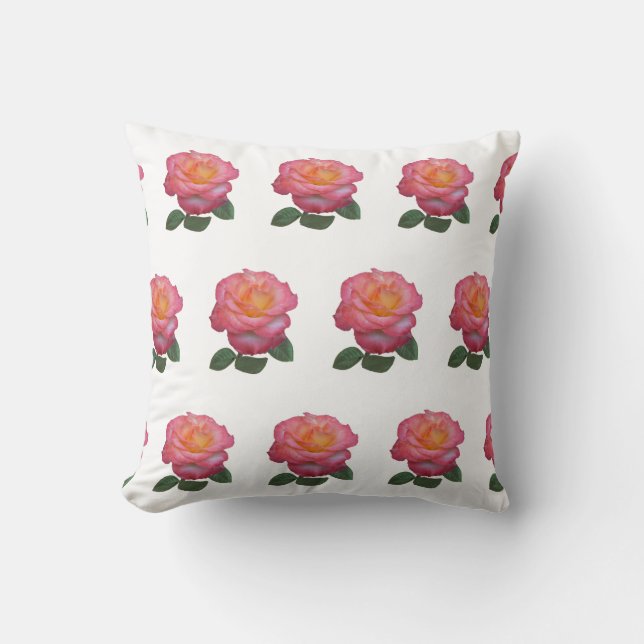 Pink Rose Pattern on White Throw Pillow (Front)