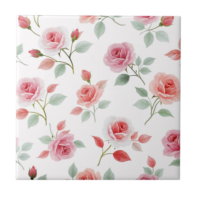 Pink Rose Pattern, soft color, Ceramic Tile (Front)