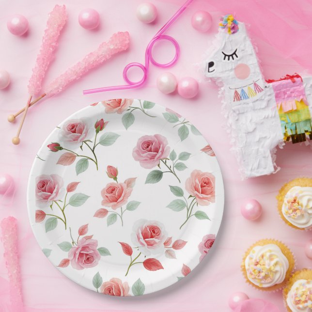 Pink Rose Pattern, soft color, Paper Plates (Party)