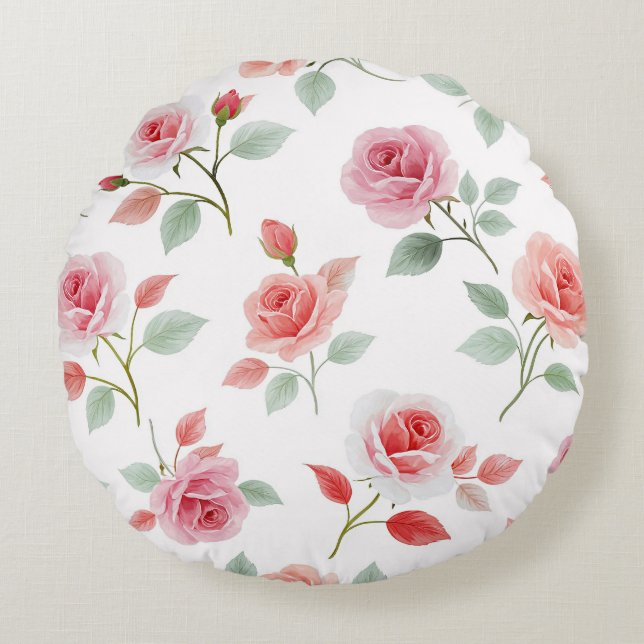 Pink Rose Pattern, soft color, Round Pillow (Front)