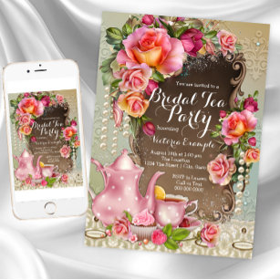 Pink Rose Pearl Bridal Tea Party Invitation
