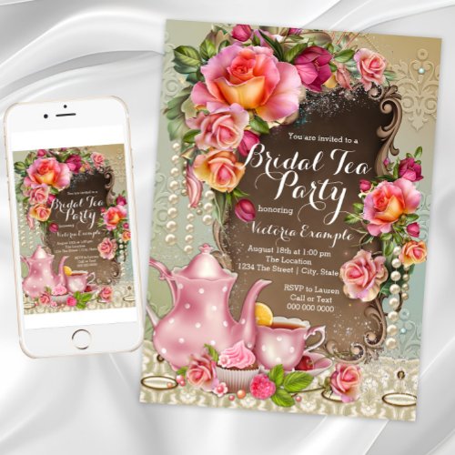Pink Rose Pearl Bridal Tea Party Invitation