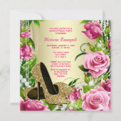 Pink Rose Pearl Gold High Heel Shoe Birthday Party Invitation (Front)