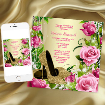 Pink Rose Pearl Gold High Heel Shoe Birthday Party Invitation by Pure_Elegance at Zazzle