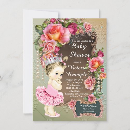 Pink Rose Pearl Tutu Princess Baby Shower Invitation