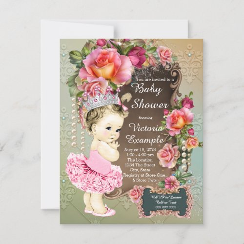 Pink Rose Pearl Tutu Princess Baby Shower Invitation