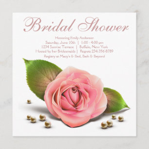 Pink Rose Pearl White Bridal Shower Invitation