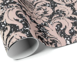 Pink Rose Pearly Metallic Black Damask Glitter Wrapping Paper