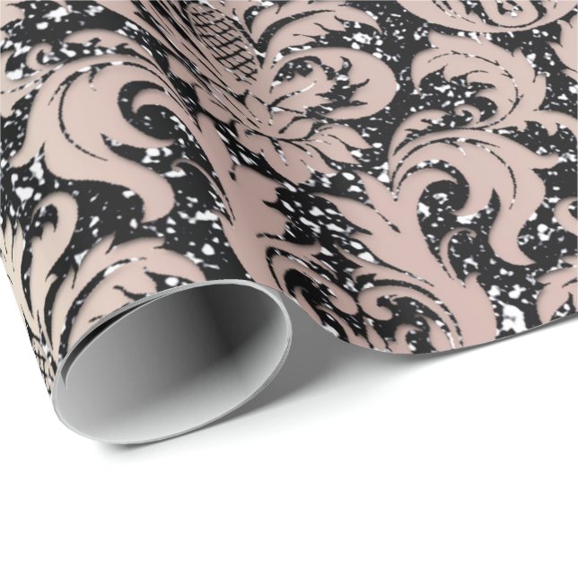 Pink Rose Pearly Metallic Black Damask Glitter Wrapping Paper (Roll Corner)