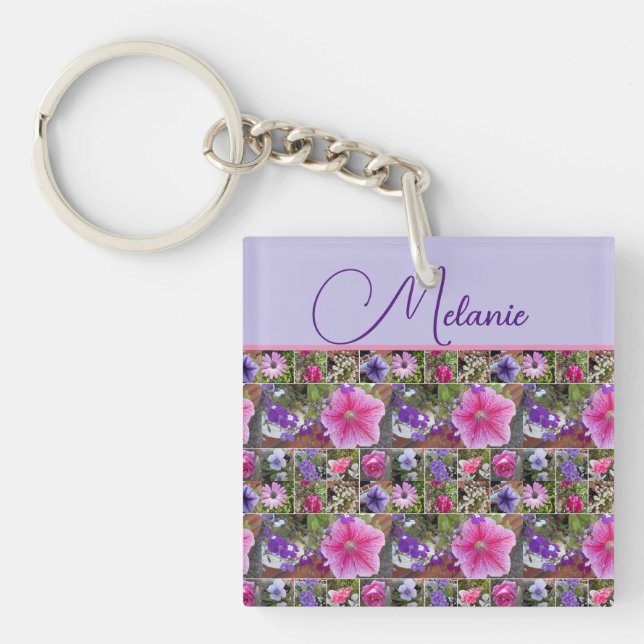 Pink Rose Penunia Daisy Flowers Floral Womans Name Keychain (Front)