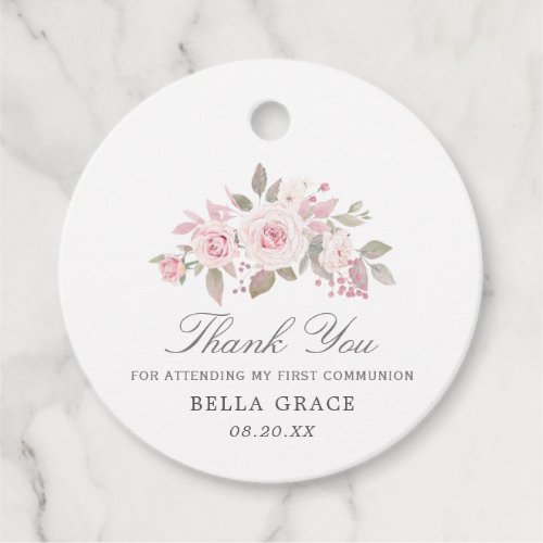 Pink Rose Peony First Communion Thank You Favor Tags
