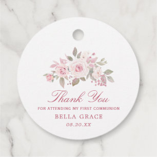 Pink Rose Peony First Communion Thank You Favor Tags