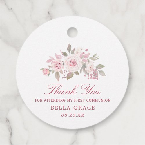 Pink Rose Peony First Communion Thank You Favor Tags