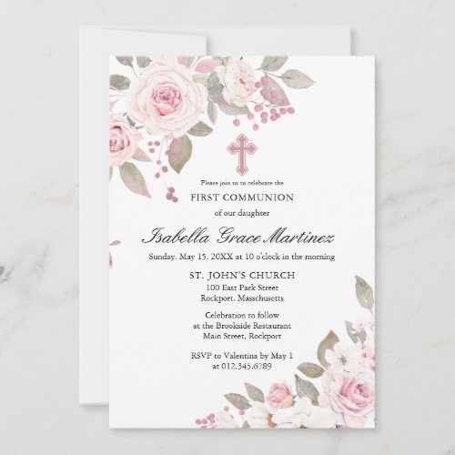Pink Rose Peony Floral First Holy Communion Invitation