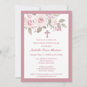 Pink Rose Peony Floral First Holy Communion Invitation