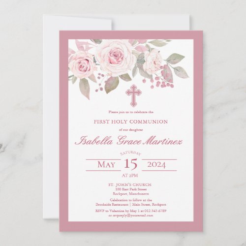 Pink Rose Peony Floral First Holy Communion Invitation