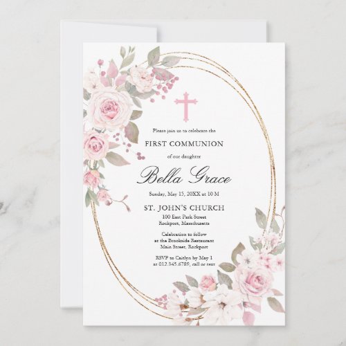  Pink Rose Peony Floral First Holy Communion  Invitation