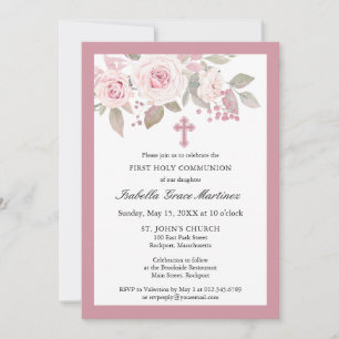 Pink Rose Peony Floral First Holy Communion Invitation
