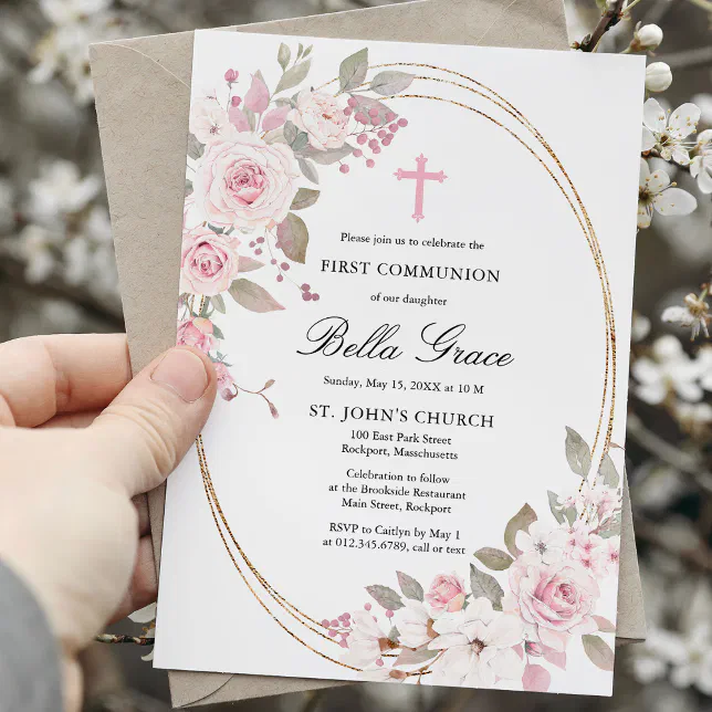 Pink Rose Peony Floral First Holy Communion Invitation | Zazzle
