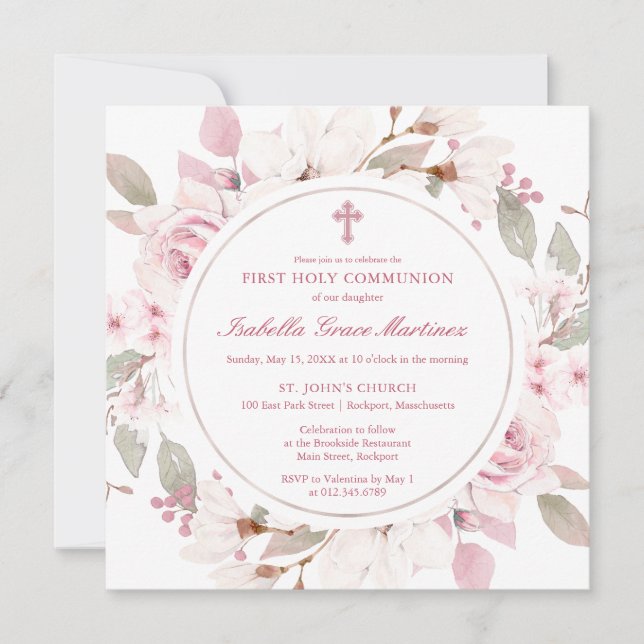 Pink Rose Peony Floral First Holy Communion Invitation (Front)