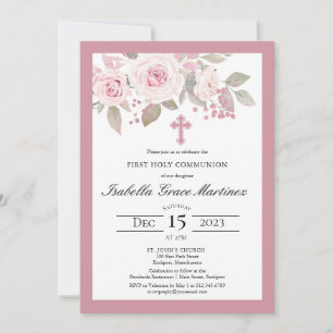 Pink Rose Peony Floral First Holy Communion Invitation