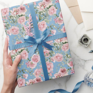 Pink Rose Peony Flowers on Blue Wrapping Paper