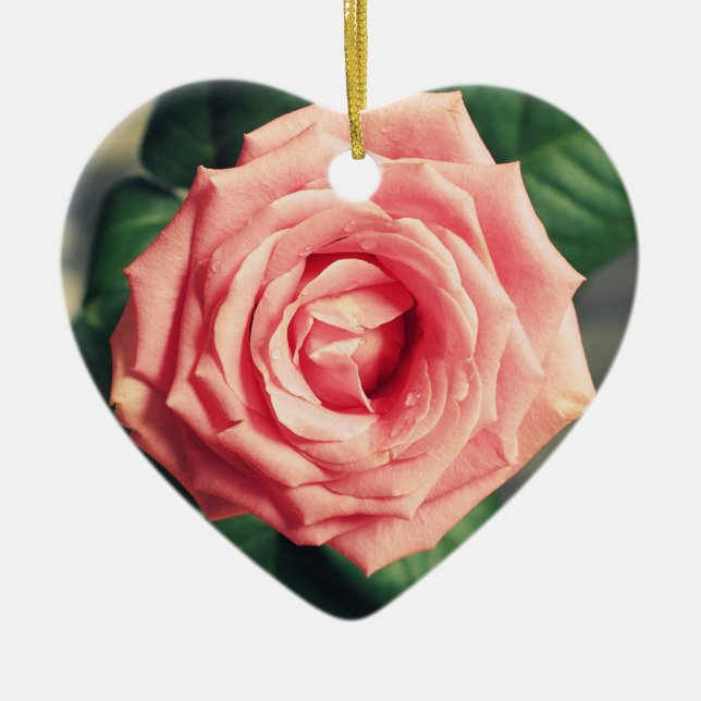 Pink rose personalised heart christmas decor ceramic ornament (Front)