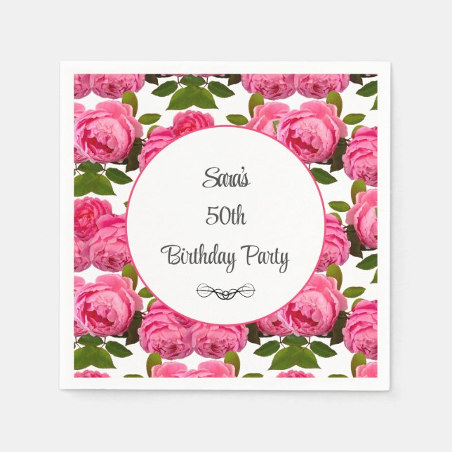 Pink Rose Personalized 50th Birthday Pary  Napkins (Front)