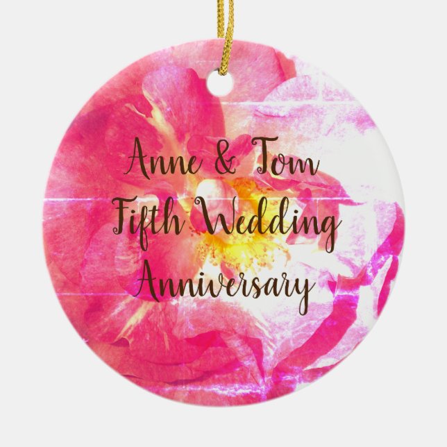 Pink Rose Personalized Anniversary  Ornament (Front)