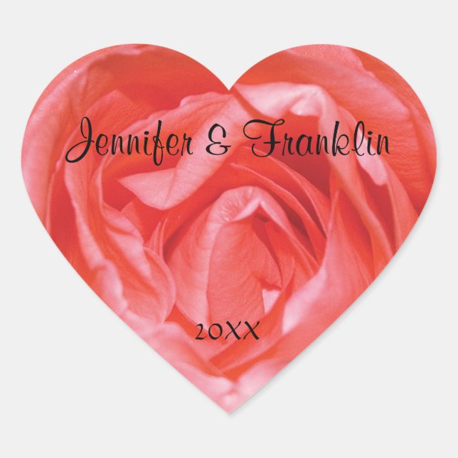 Pink Rose Personalized Heart Wedding Sticker (Front)