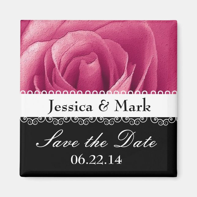 Pink Rose Personalized Save the Date Wedding Magnet (Front)