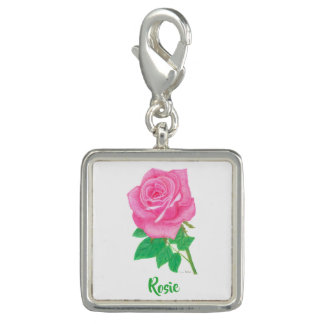 Pink Rose Personalized Square Charm