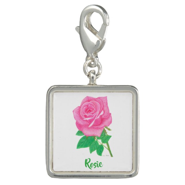 Pink Rose Personalized Square Charm (Front)