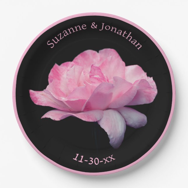 Pink Rose Personalized Wedding Bridal Paper Plates (Front)