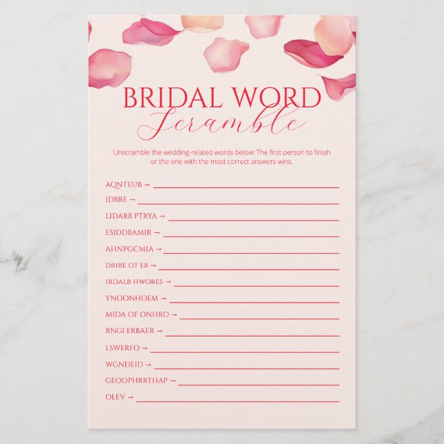 Pink Rose Petals Bridal Shower Word Scramble Game Flyer (Front)