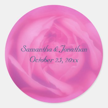 Pink Rose Petals Floral Wedding Personalized Classic Round Sticker by SmilinEyesTreasures at Zazzle